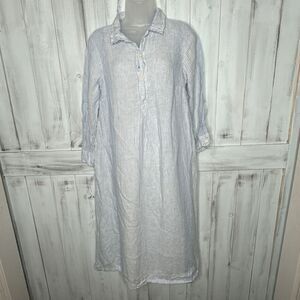 CP SHADES BLUE WHITE STRIPED 100% LINEN RUMER 3/4 SLEEVE MIDI MAXI SHIRT DRESS S